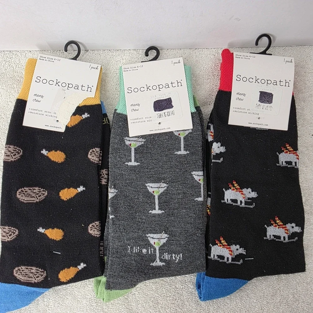 Sockopath Men's Socks Lot - 3 Pairs Chicken Wing Martini Black Fun Gift SZ 6-12